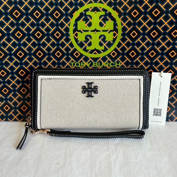 Tory Burch Emerson Canvas Zip Continental Wallet Multi Leather Black Tan Gold - Picture 1 of 11